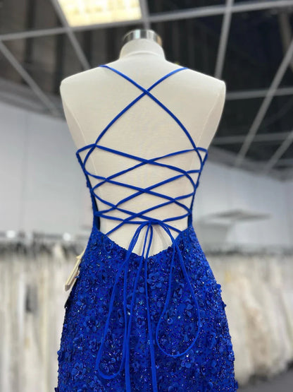 Mermaid V Neck Royal Blue Beade Applique Tulle Long Prom Dress, Evening Dress ED01568