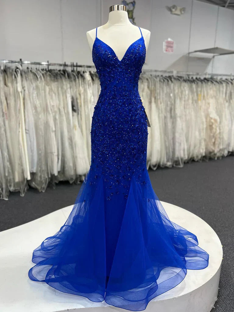 V Neck Royal Blue Beade Applique Tulle Long Prom Dress, Evening Dress HZ1024