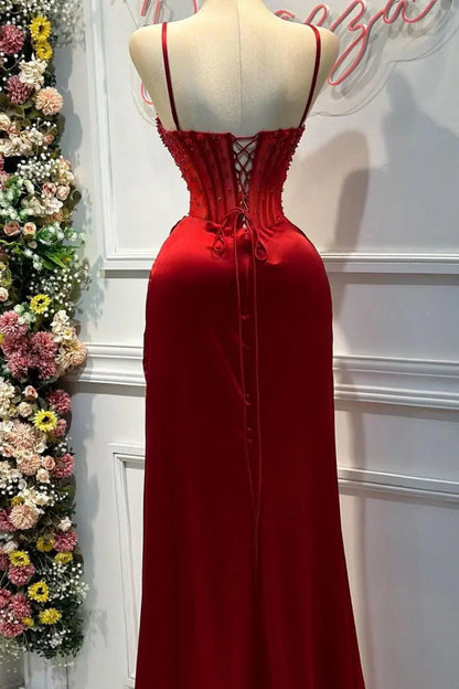 Mermaid Spaghetti StrapsSatin Long Formal Dress with Beading Wedding Guest Dress HZ1024