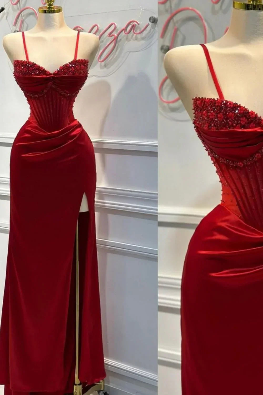 Mermaid Spaghetti StrapsSatin Long Formal Dress with Beading Wedding Guest Dress HZ1024