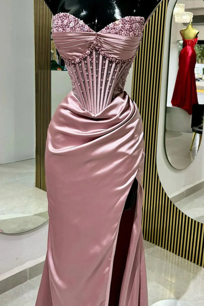 Chic Mermaid Spaghetti StrapsSatin  Long Formal Dress with Beading Wedding Guest Dress ED01569