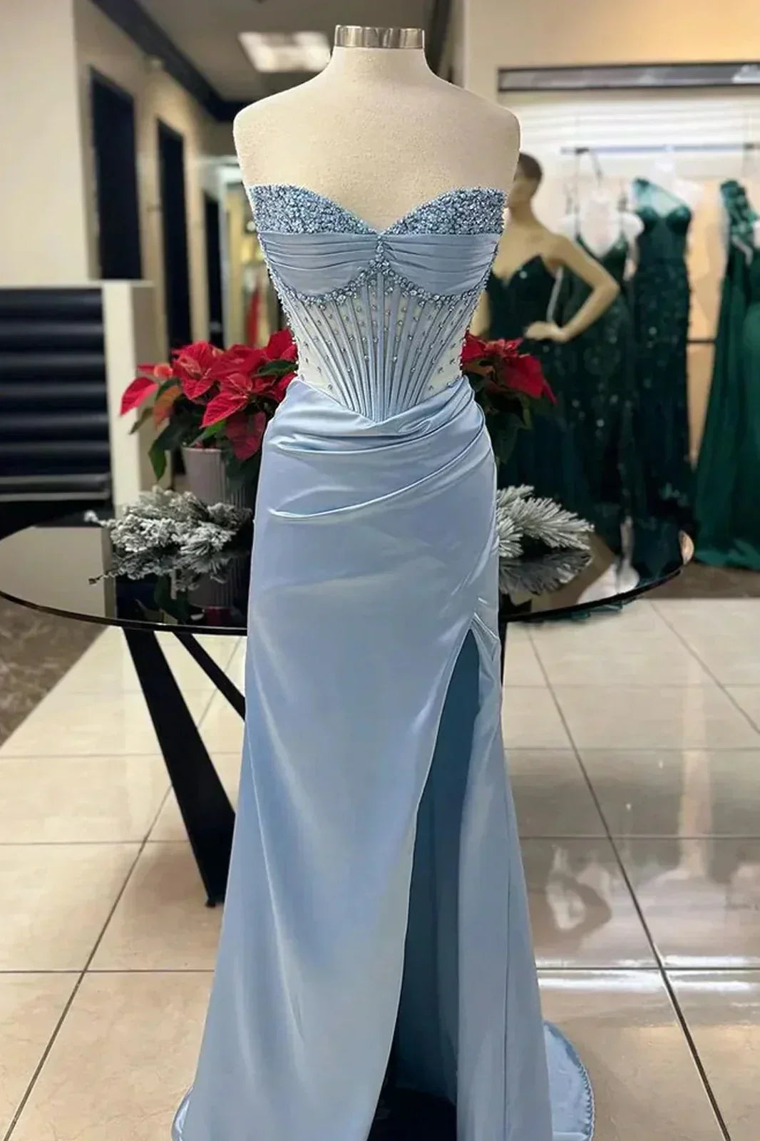 Mermaid Spaghetti StrapsSatin Long Formal Dress with Beading Wedding Guest Dress HZ1024