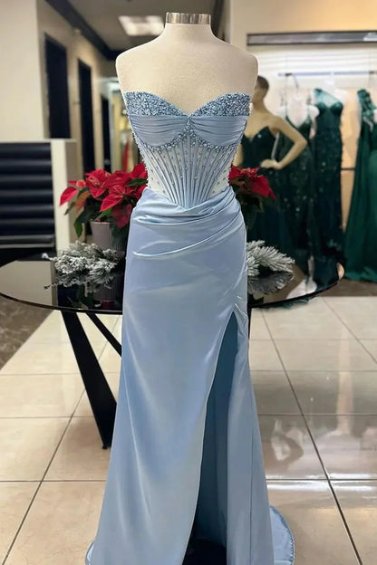 Chic Mermaid Spaghetti StrapsSatin  Long Formal Dress with Beading Wedding Guest Dress ED01569