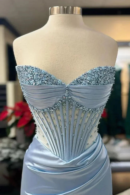Mermaid Spaghetti StrapsSatin Long Formal Dress with Beading Wedding Guest Dress HZ1024