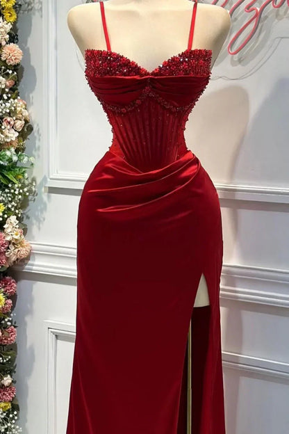 Mermaid Spaghetti StrapsSatin Long Formal Dress with Beading Wedding Guest Dress HZ1024
