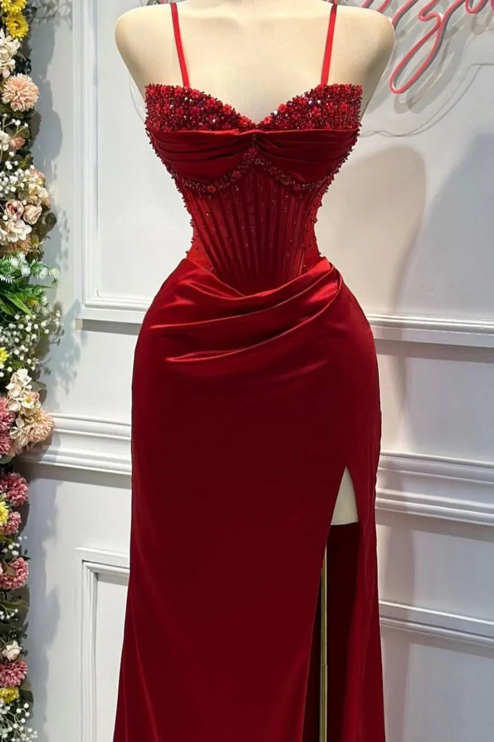 Chic Mermaid Spaghetti StrapsSatin  Long Formal Dress with Beading Wedding Guest Dress ED01569