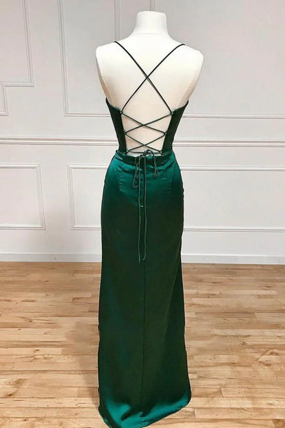 Dark Green Mermaid Satin Spaghetti Straps  Long Prom Dress With Split ED01573