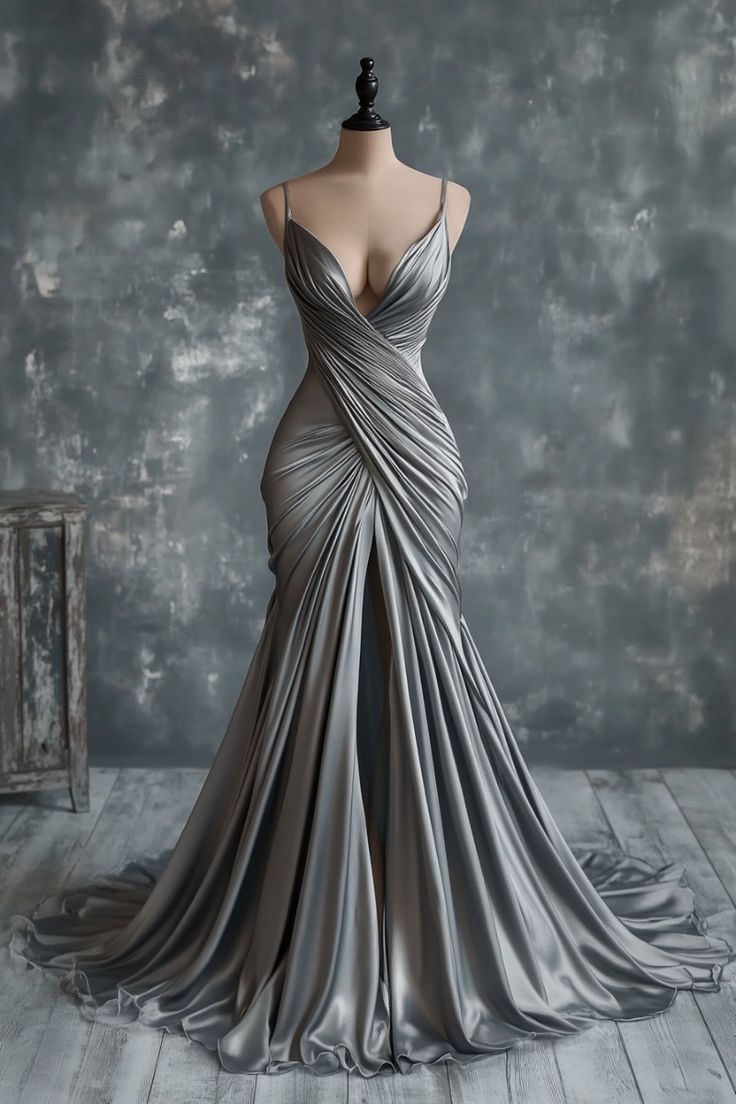 V Neck Silver Spaghetti Straps Satin Long Prom Dress Sexy Evening Dress HZ1024