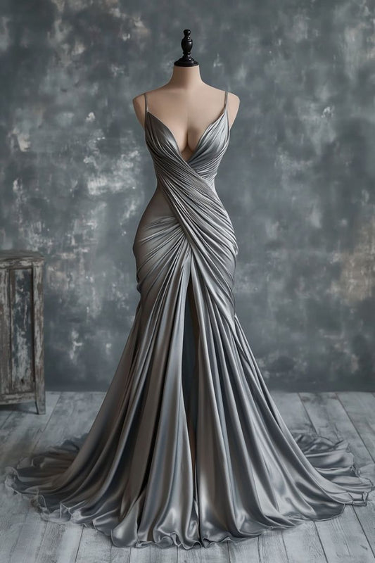 V Neck Silver Spaghetti Straps Satin Long Prom Dress Sexy Evening Dress HZ1024