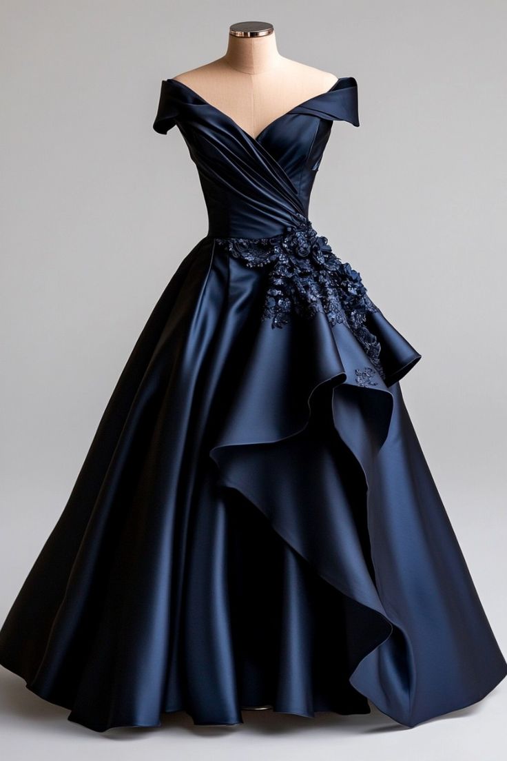 Navy A-Line V Neck Satin Long Prom Dress Simple Applique Evening Dress HZ1024
