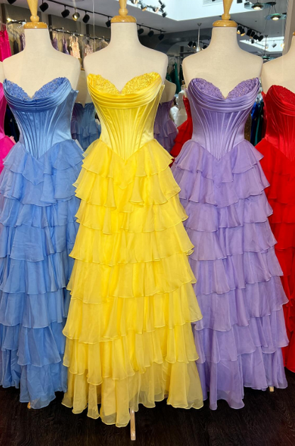 Lovely Yellow A-Line Sweetheart Long Tiered Prom Dress with Slit ED01576