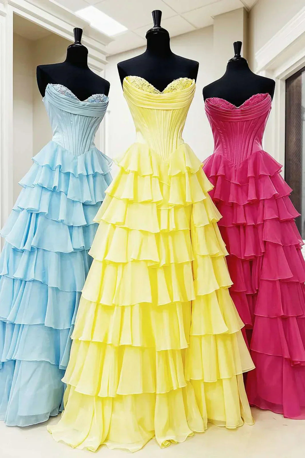 Yellow A-Line Sweetheart Long Tiered Prom Dress with Slit HZ1024