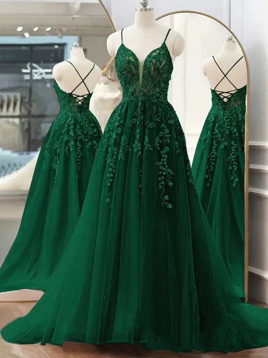 Green A-Line Tulle Lace Long Prom Dress V Neck Lace Formal Evening Dress HZ1024