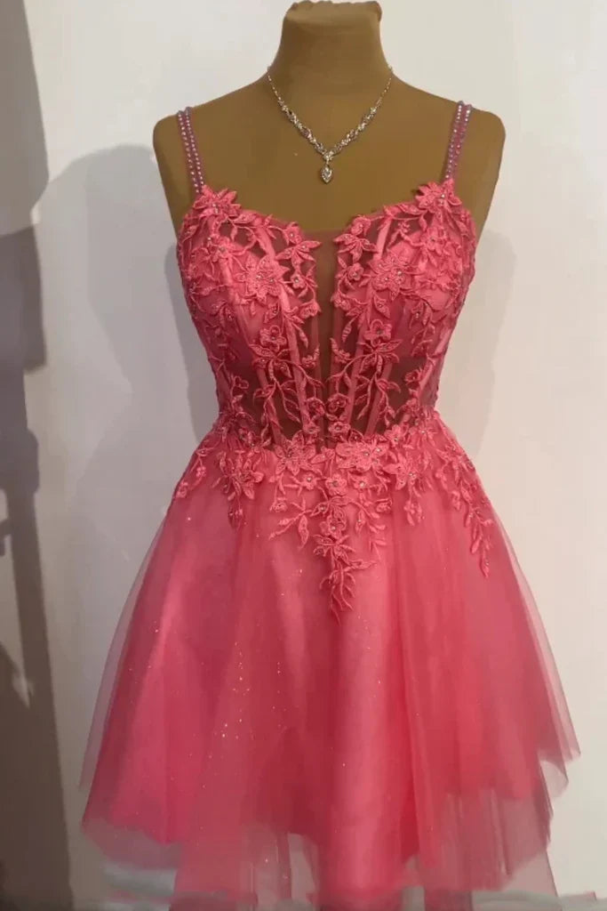 A-Line Blue Spaghetti Strap Tulle Beaded Short Prom Dress, Cute Applique Homecoming Dress  ED01580