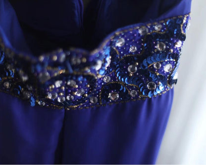 Blue A-Line Halter Chiffon Satin Long Prom Dress V-neck Beaded Birthday Party Dress HZ1024
