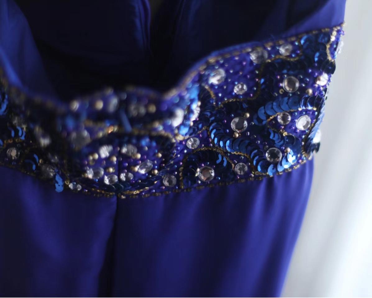 Royal Blue A-Line Halter Chiffon Satin Long Prom Dress V-neck Beaded Birthday Party Dress  ED01581