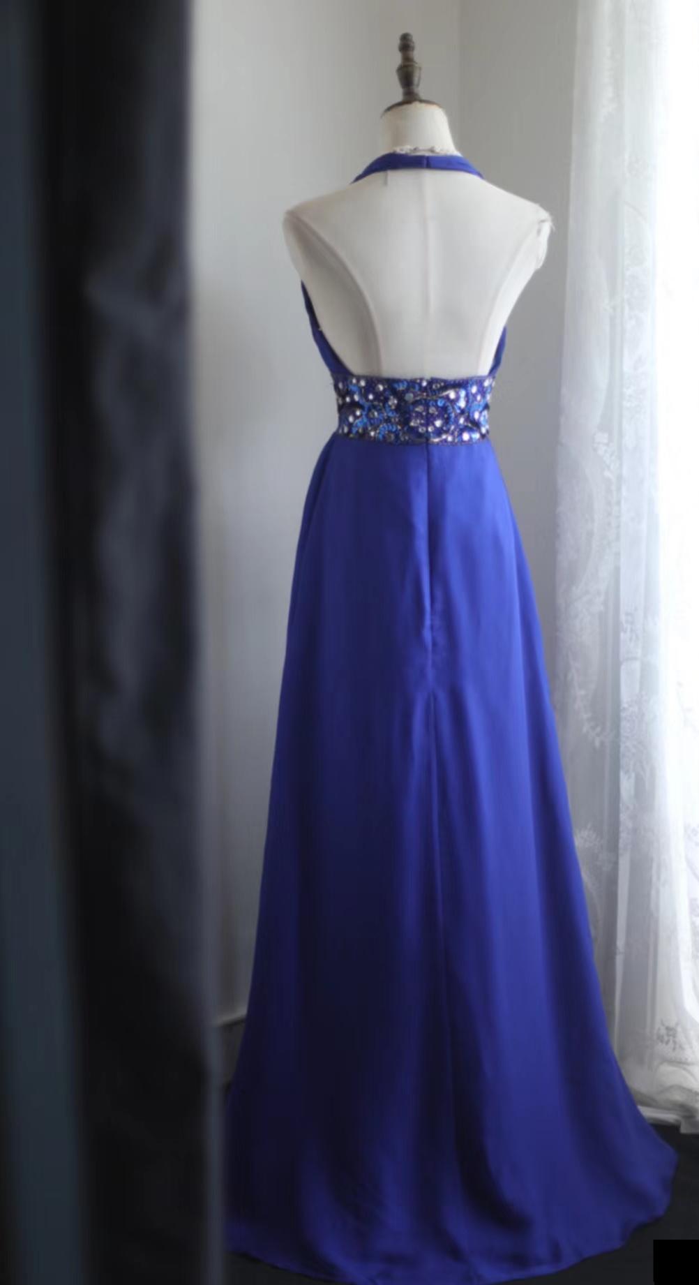 Blue A-Line Halter Chiffon Satin Long Prom Dress V-neck Beaded Birthday Party Dress HZ1024