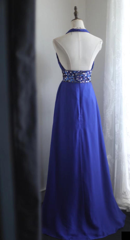 Blue A-Line Halter Chiffon Satin Long Prom Dress V-neck Beaded Birthday Party Dress HZ1024