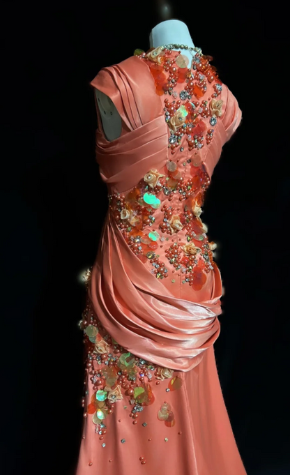 Bright Orange Mermaid V-Neck Satin Beaded Long Prom Dress Sequined Evening Gown  ED01582
