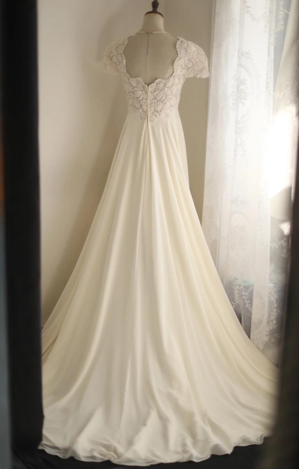 Beige Square Neck Chiffon Lace Empire Dress Long Prom Dress Beaded Wedding Dress  ED01583