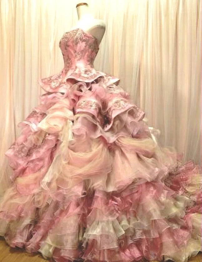 Sweet Pink Strapless Satin Tulle Sequin Beaded Diamond Long Ball Gown  ED01585