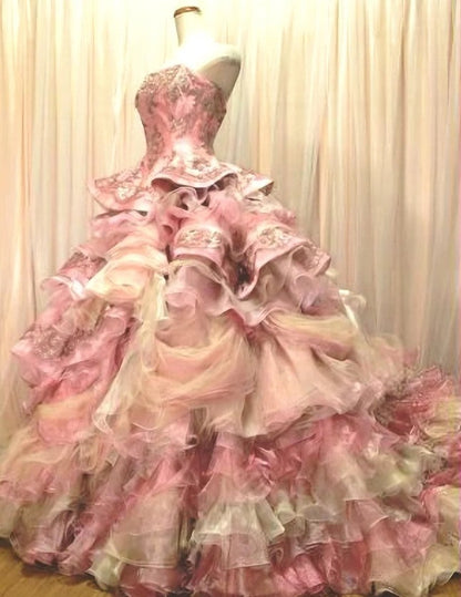 Sweet Pink Strapless Satin Tulle Sequin Beaded Diamond Long Ball Gown  ED01585