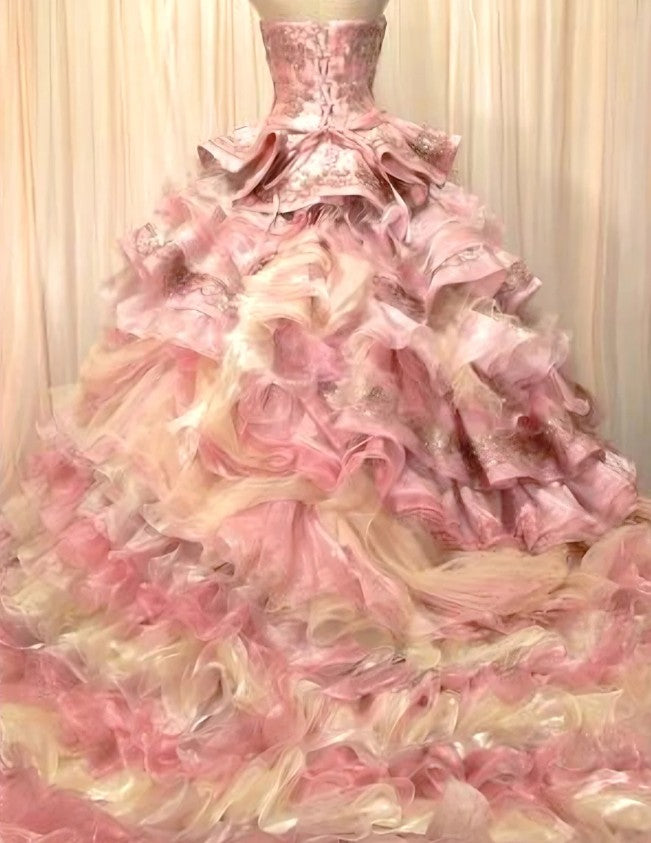 Sweet Pink Strapless Satin Tulle Sequin Beaded Diamond Long Ball Gown  ED01585