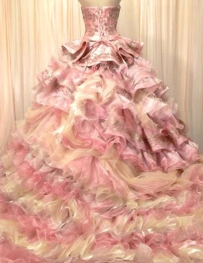 Sweet Pink Strapless Satin Tulle Sequin Beaded Diamond Long Ball Gown  ED01585