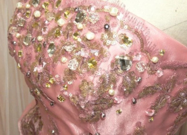 Sweet Pink Strapless Satin Tulle Sequin Beaded Diamond Long Ball Gown  ED01585