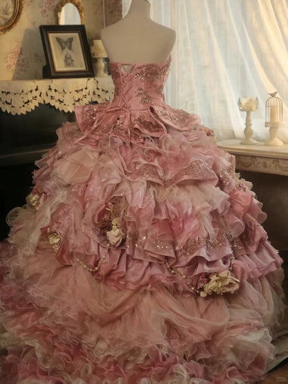 Sweet Pink Strapless Satin Tulle Sequin Beaded Diamond Long Ball Gown  ED01585