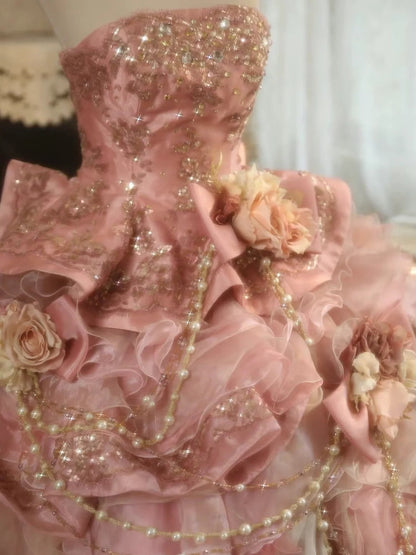 Sweet Pink Strapless Satin Tulle Sequin Beaded Diamond Long Ball Gown  ED01585