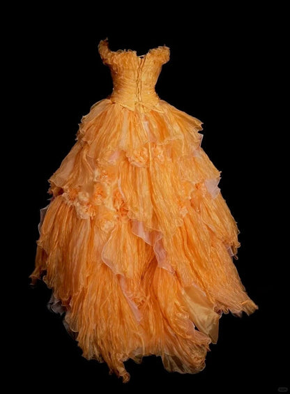 Sweet  Orange Strapless Evening Dress Tulle Long Ball Gown   ED01586
