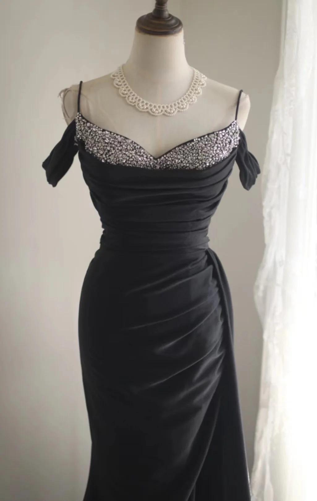 Black Mermaid Spaghetti Strap Satin Diamond Long Prom Dress Simple Evening Dress HZ1024