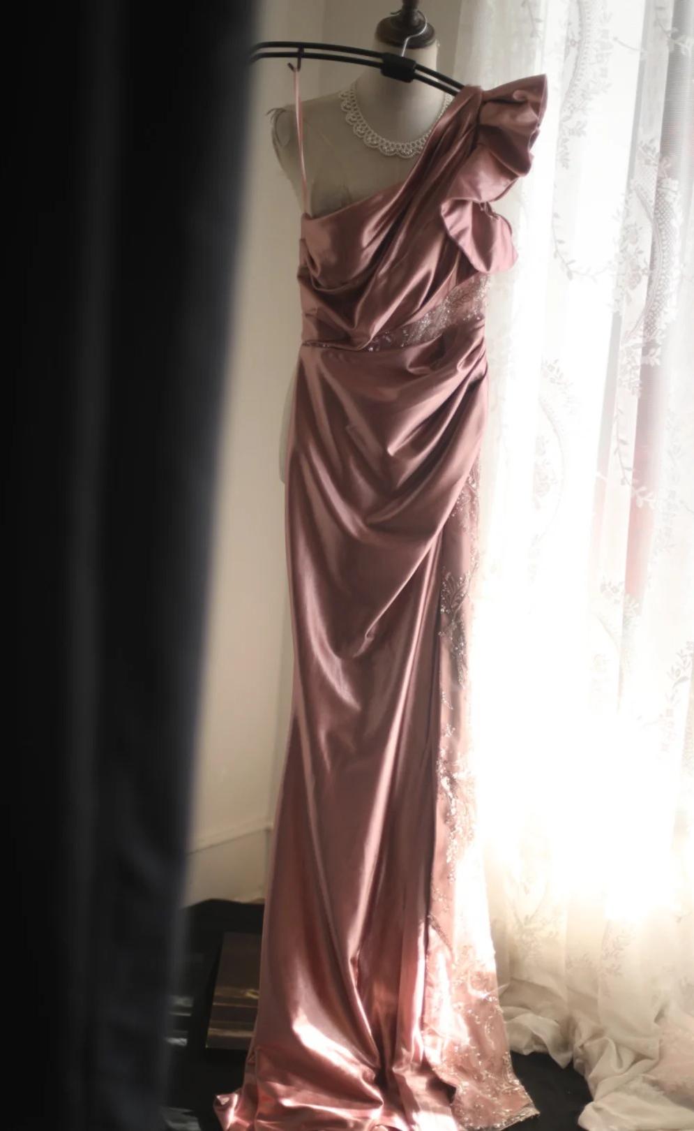 Pink Mermaid One Shoulder Satin Beaded Sequin Long Prom Dress Bridalmaid Dress ED01588