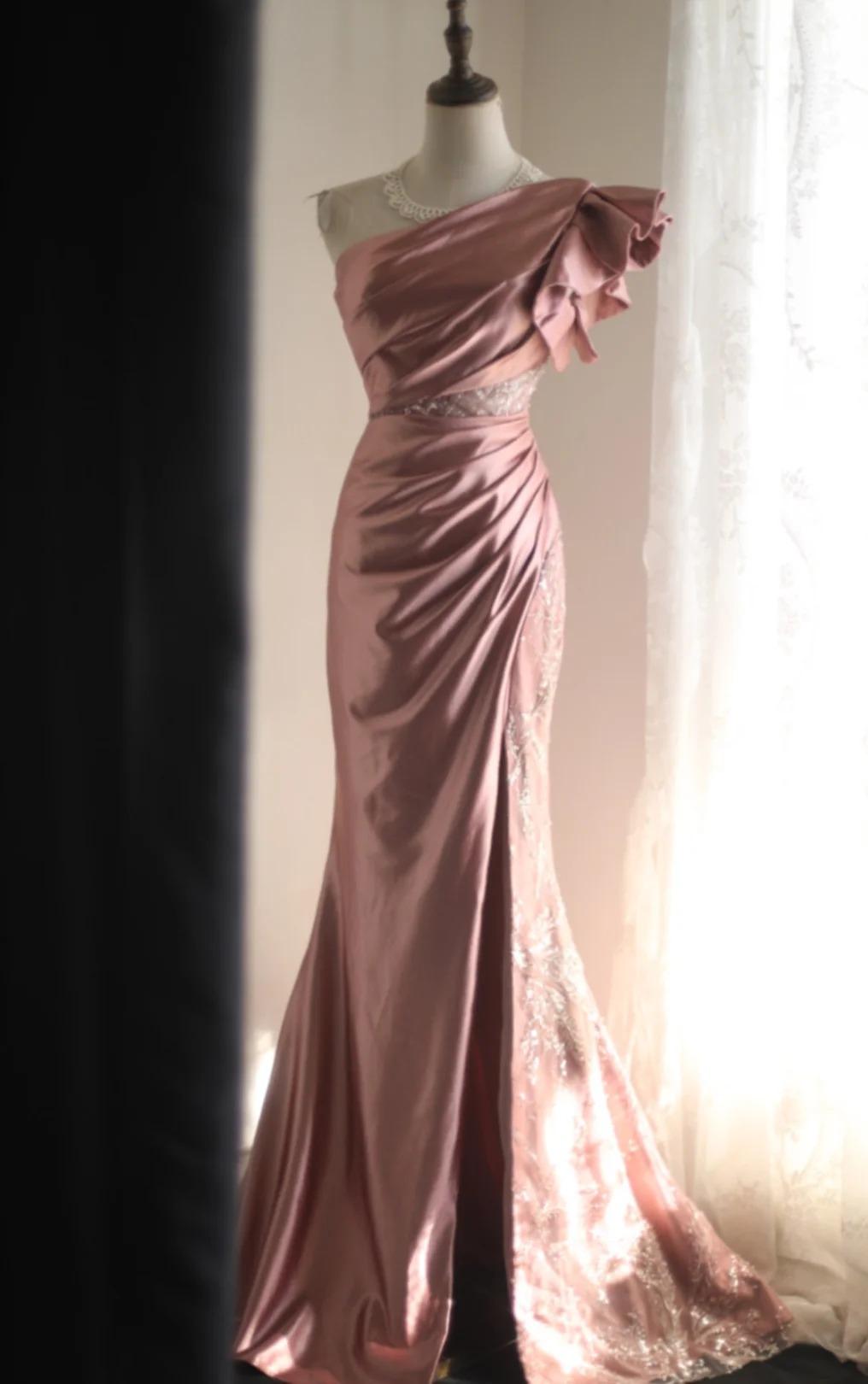 Pink Mermaid One Shoulder Satin Beaded Sequin Long Prom Dress Bridalmaid Dress ED01588