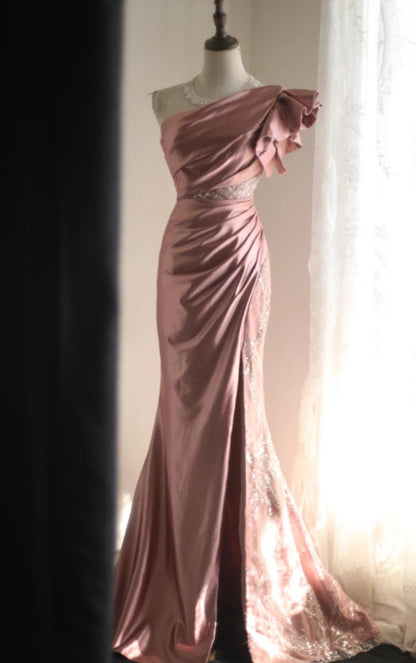 Pink Mermaid One Shoulder Satin Beaded Sequin Long Prom Dress Bridalmaid Dress ED01588