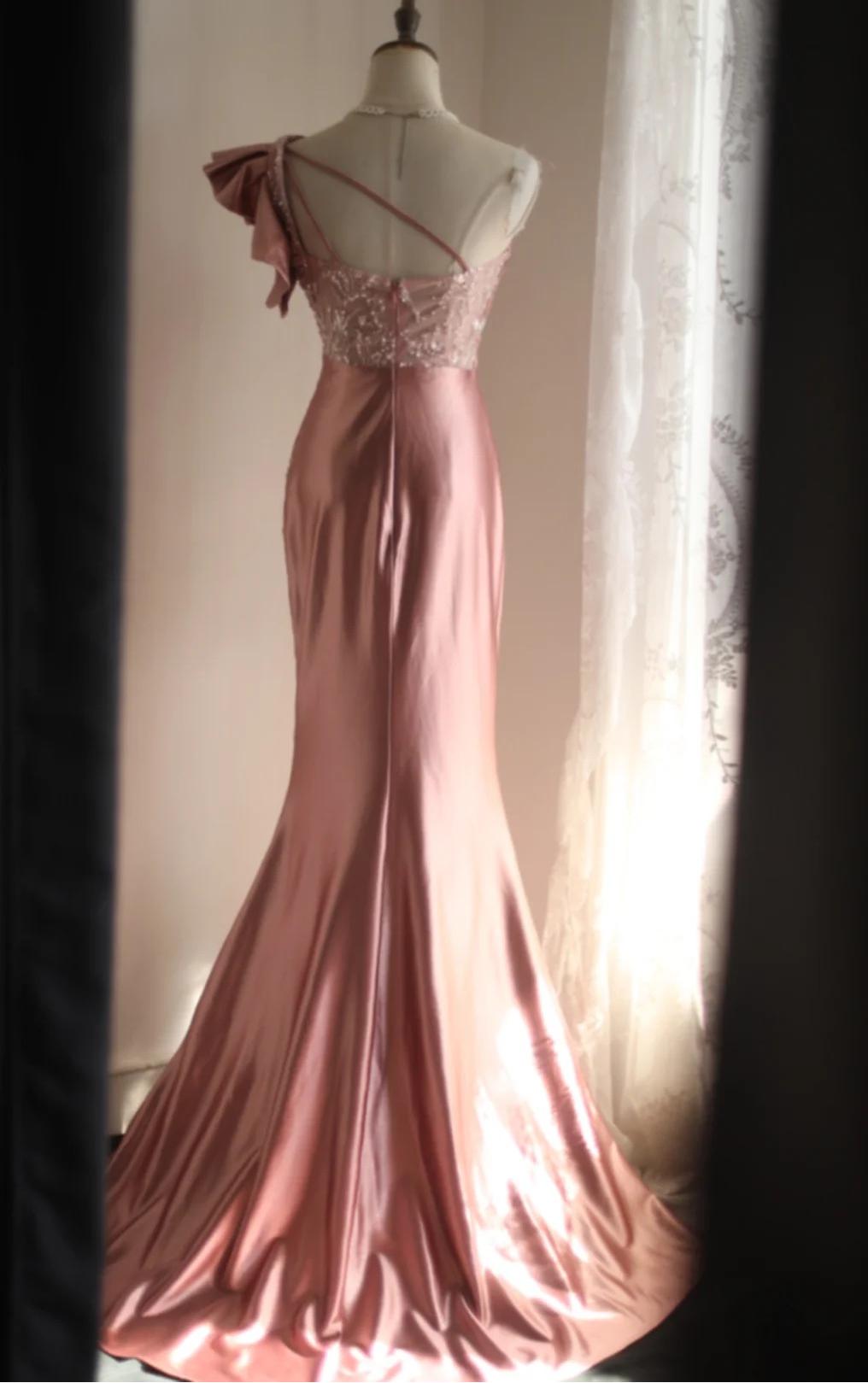 Pink Mermaid One Shoulder Satin Beaded Sequin Long Prom Dress Bridalmaid Dress ED01588