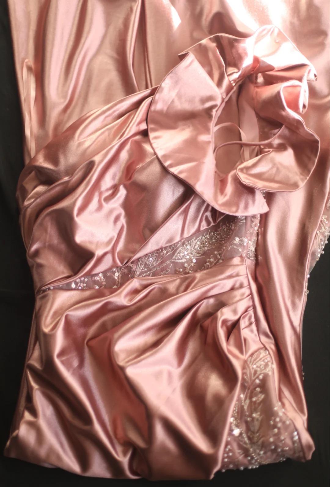 Pink Mermaid One Shoulder Satin Beaded Sequin Long Prom Dress Bridalmaid Dress ED01588
