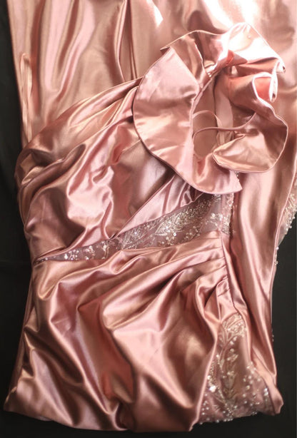 Pink Mermaid One Shoulder Satin Beaded Sequin Long Prom Dress Bridalmaid Dress ED01588