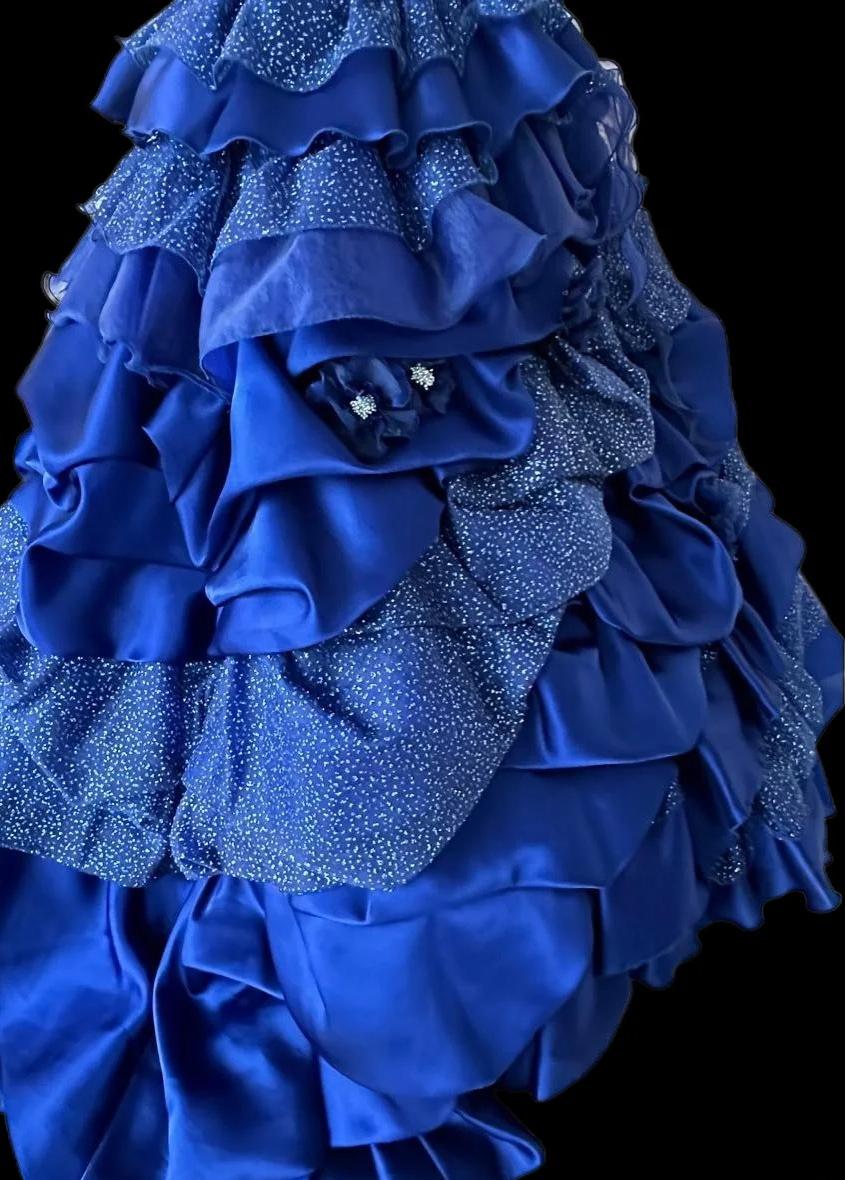 A-Line Strapless Satin Tulle Long Ball Dress Klein Blue 3D Applique Evening Dress HZ1024