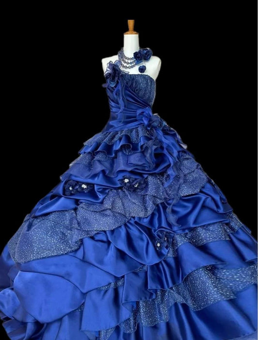 A-Line Strapless Satin Tulle Long Ball Dress Klein Blue 3D Applique Evening Dress HZ1024