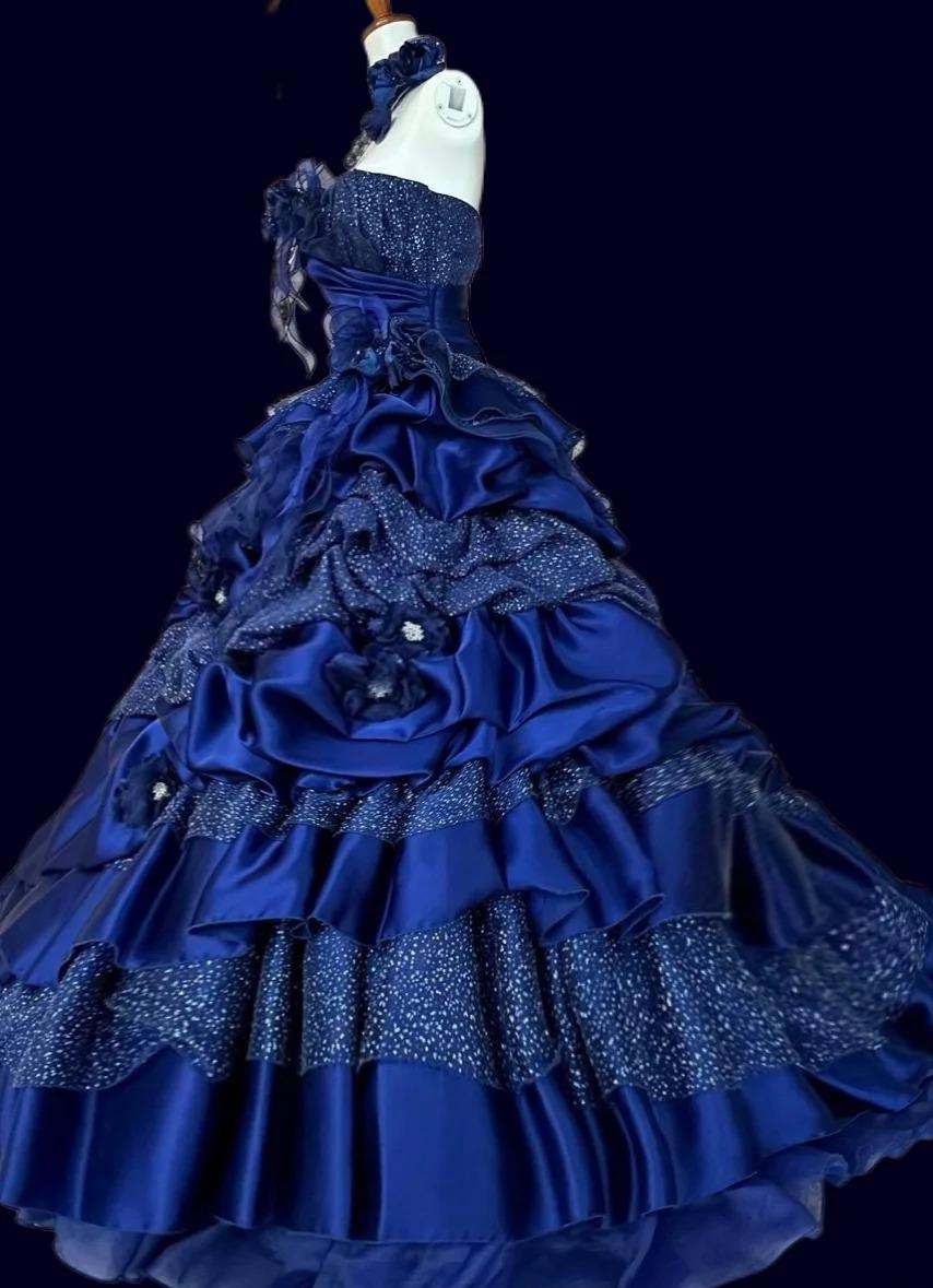 A-Line Strapless Satin Tulle Long Ball Dress Klein Blue 3D Applique Evening Dress HZ1024