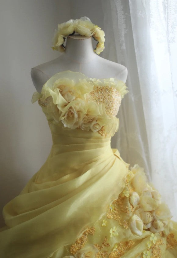 Yellow A-Line Strapless Organza Wedding Dress with Appliques and Rhinestones Long Evening Gown HZ1024