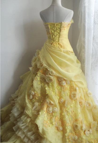 Yellow A-Line Strapless Organza Wedding Dress with Appliques and Rhinestones Long Evening Gown HZ1024