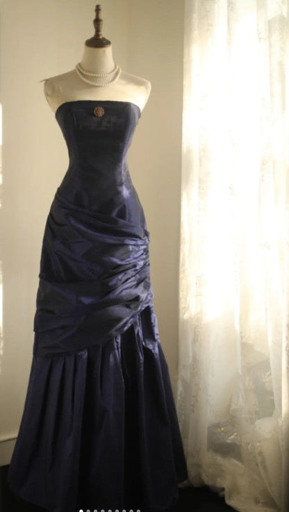 Simple Mermaid Strapless Taffeta Pleated Long Prom Dress Evening Gown ED01594