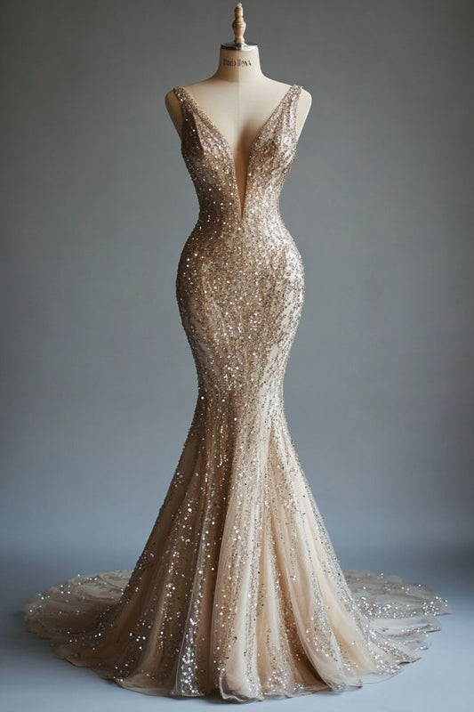 Mermaid Deep V Neck Tulle Sequin Beaded Long Prom Dress Sexy Evening Dress HZ1024