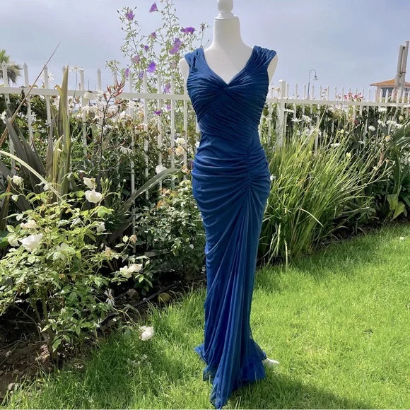 __Vintage  Midnight Blue Mermaid Gown __V Neck Pretty  Prom Dress for Events&Party ED01598