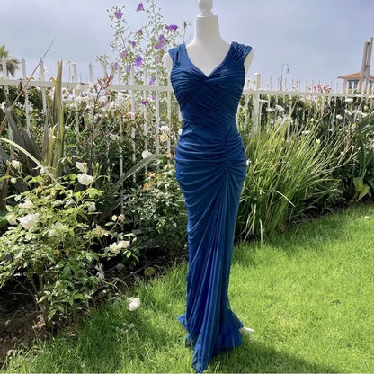 __Vintage  Midnight Blue Mermaid Gown __V Neck Pretty  Prom Dress for Events&Party ED01598