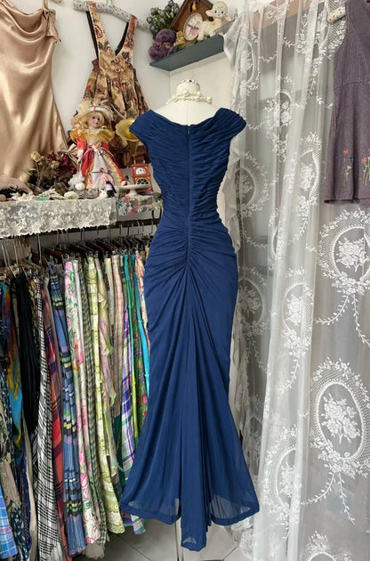 __Vintage  Midnight Blue Mermaid Gown __V Neck Pretty  Prom Dress for Events&Party ED01598