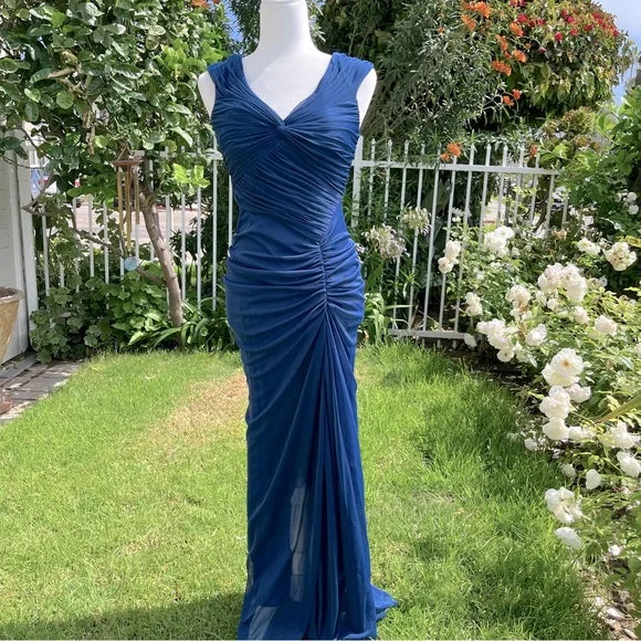 __Vintage  Midnight Blue Mermaid Gown __V Neck Pretty  Prom Dress for Events&Party ED01598